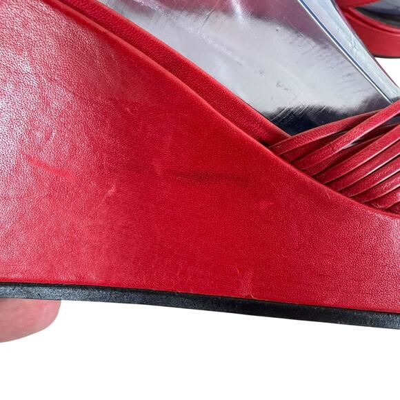 Etienne Aigner Felicity Red Leather Strappy Ankle Strap Wedge Heels Size 9.5 - Picture 4 of 6